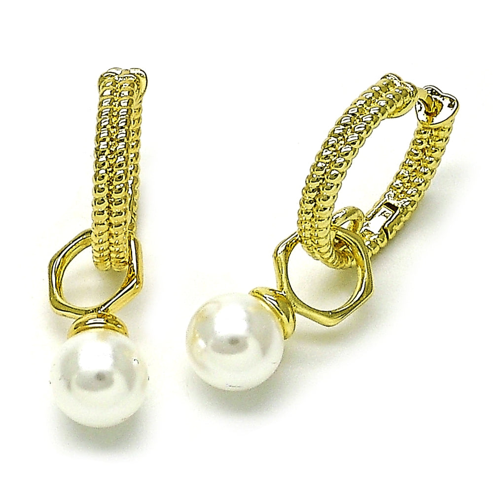 Oro Laminado Huggie Hoop, Gold Filled Style Ball Design, with Ivory Pearl, Diamond Cutting Finish, Golden Finish