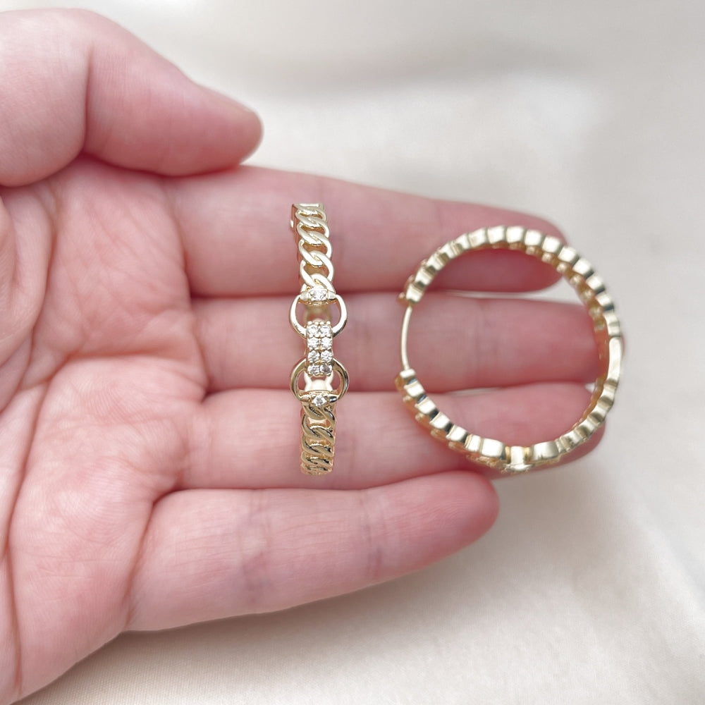 Oro Laminado Huggie Hoop, Gold Filled Style Belt Buckle and Miami Cuban Design, with White Micro Pave, Polished, Golden Finish