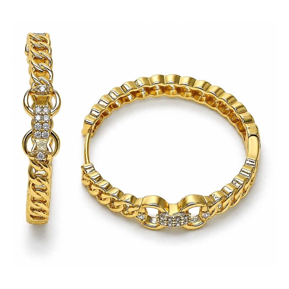 Oro Laminado Huggie Hoop, Gold Filled Style Belt Buckle and Miami Cuban Design, with White Micro Pave, Polished, Golden Finish