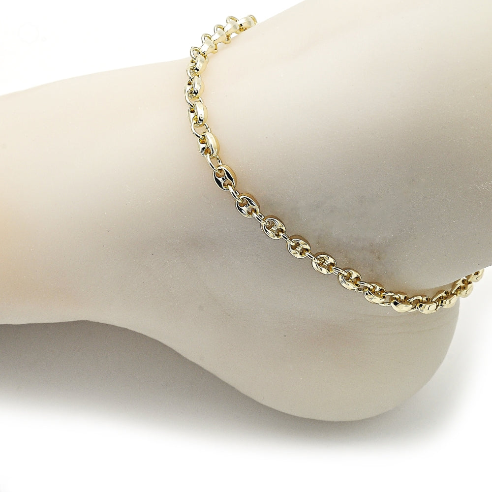 Oro Laminado Fancy Anklet, Gold Filled Style Puff Mariner Design, Polished, Golden Finish