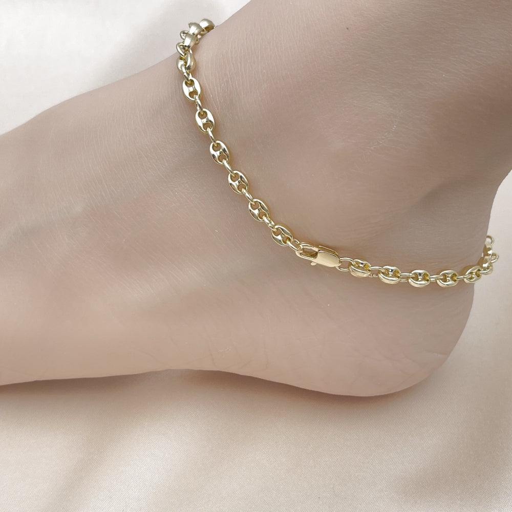 Oro Laminado Fancy Anklet, Gold Filled Style Puff Mariner Design, Polished, Golden Finish