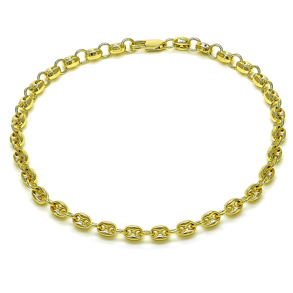 Oro Laminado Fancy Anklet, Gold Filled Style Puff Mariner Design, Polished, Golden Finish