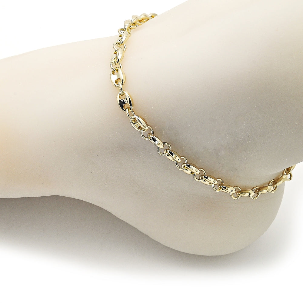 Oro Laminado Fancy Anklet, Gold Filled Style Puff Mariner Design, Polished, Golden Finish