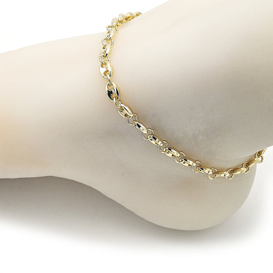 Oro Laminado Fancy Anklet, Gold Filled Style Puff Mariner Design, Polished, Golden Finish