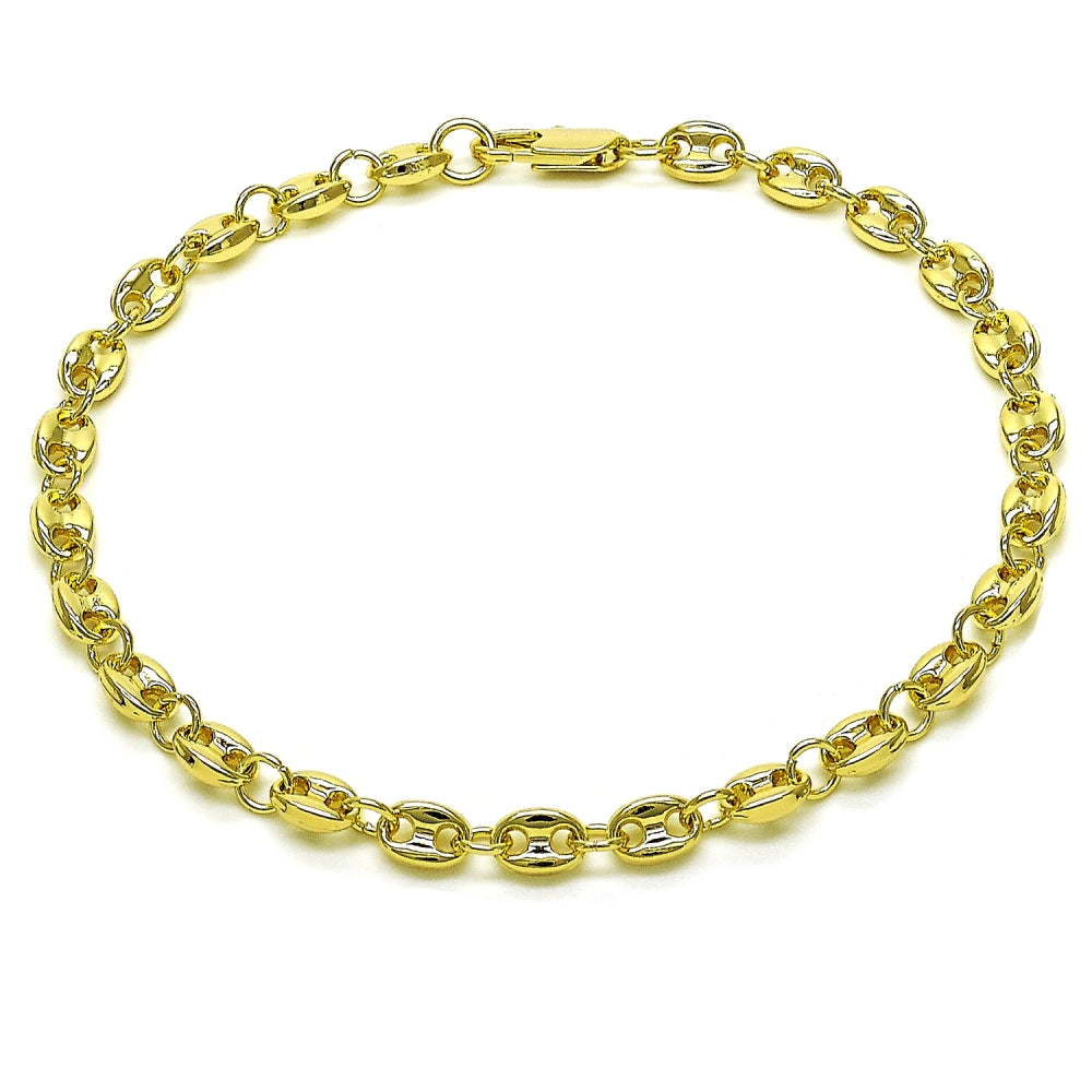 Oro Laminado Fancy Anklet, Gold Filled Style Puff Mariner Design, Polished, Golden Finish
