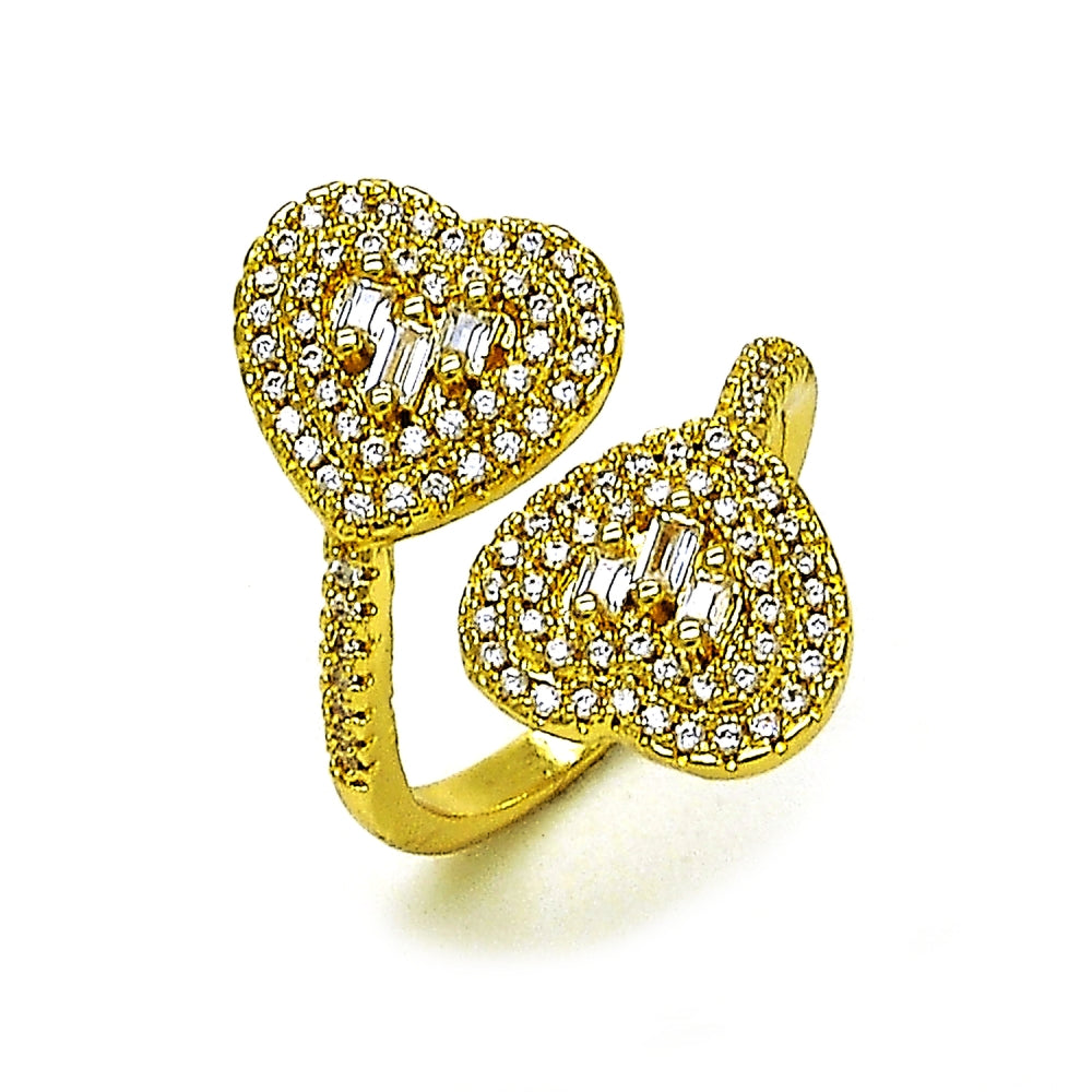 Oro Laminado Multi Stone Ring, Gold Filled Style Heart and Baguette Design, with White Cubic Zirconia and White Micro Pave, Polished, Golden Finish