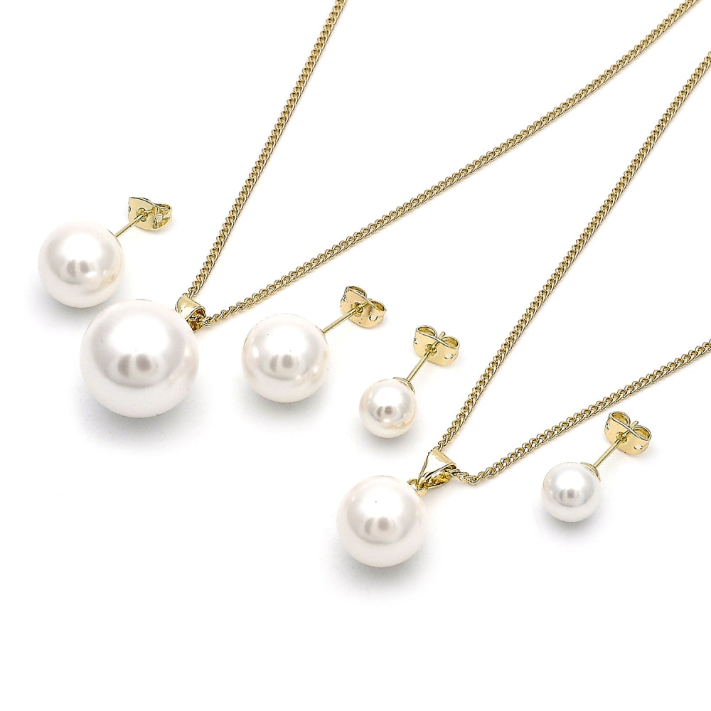 Oro Laminado Earring and Pendant Adult Set, Gold Filled Style Ball Design, with Ivory Pearl, Polished, Golden Finish