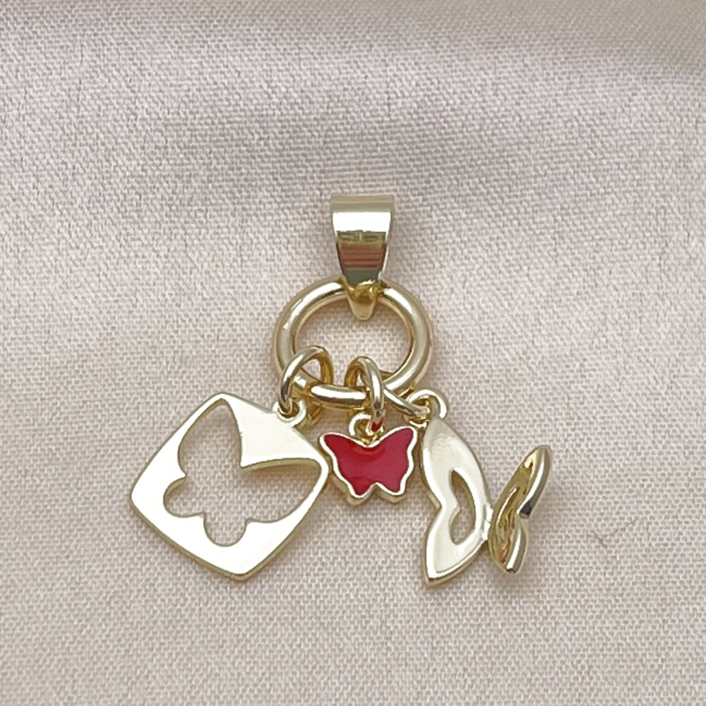Oro Laminado Fancy Pendant, Gold Filled Style Butterfly Design, Red Enamel Finish, Golden Finish