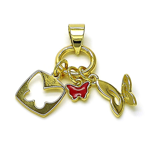 Oro Laminado Fancy Pendant, Gold Filled Style Butterfly Design, Red Enamel Finish, Golden Finish