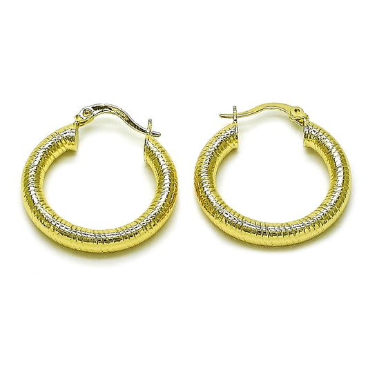 Oro Laminado Medium Hoop, Gold Filled Style Hollow Design, Diamond Cutting Finish, Golden Finish