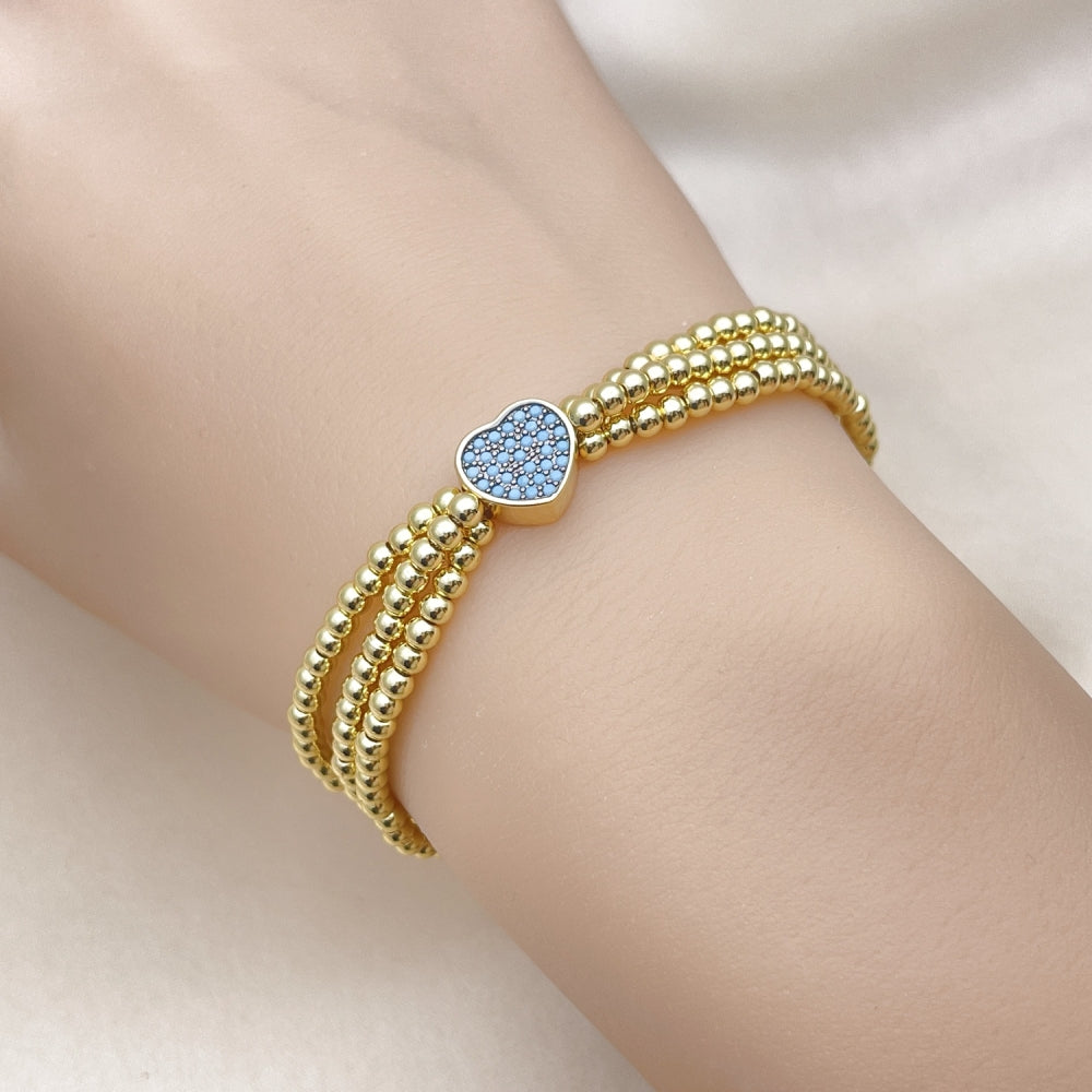 Oro Laminado Adjustable Bolo Bracelet, Gold Filled Style Heart and Ball Design, with Turquoise Cubic Zirconia, Polished, Two Tone