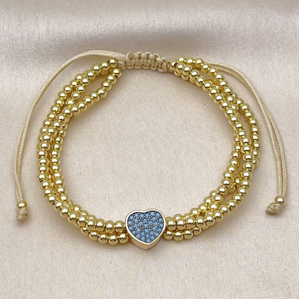 Oro Laminado Adjustable Bolo Bracelet, Gold Filled Style Heart and Ball Design, with Turquoise Cubic Zirconia, Polished, Two Tone