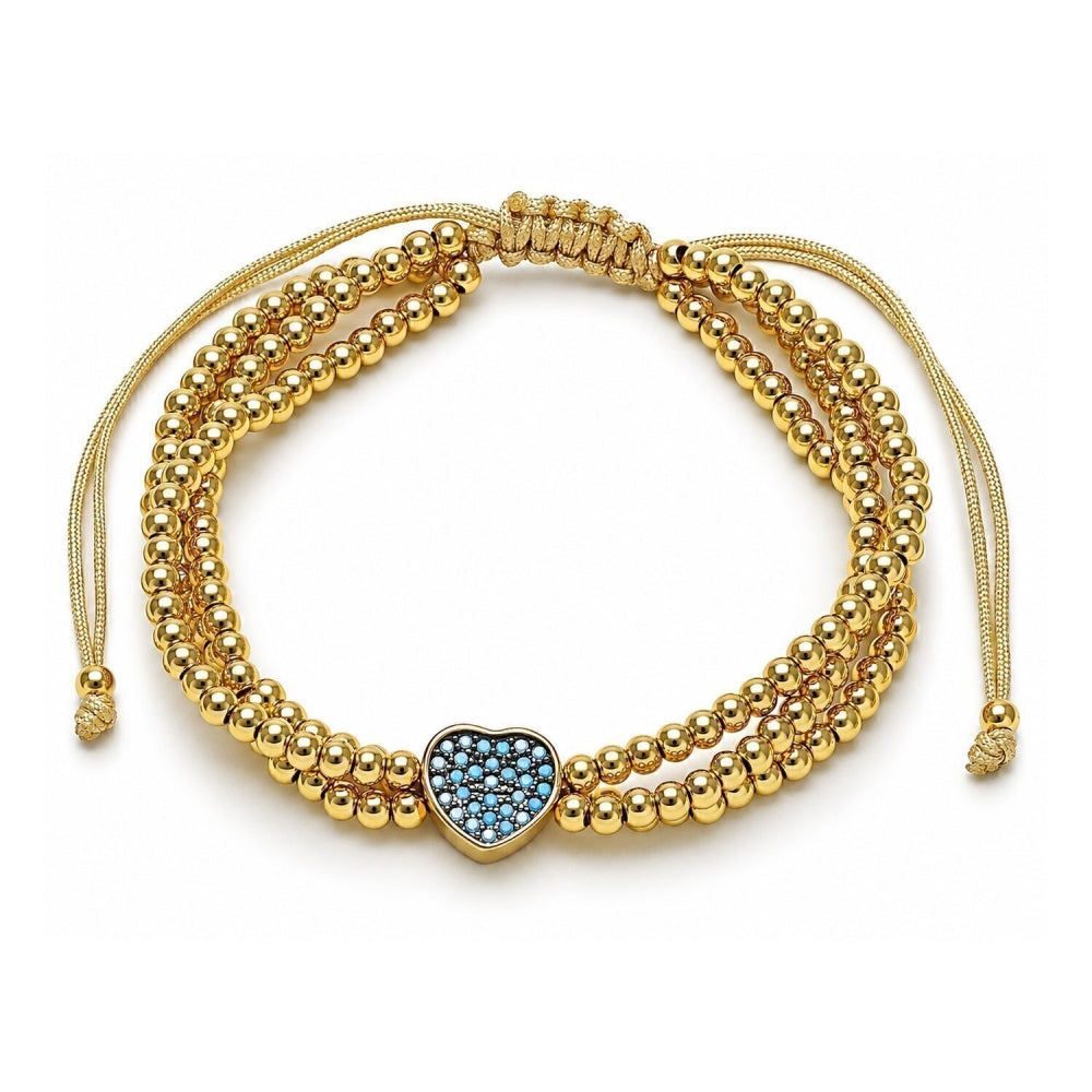 Oro Laminado Adjustable Bolo Bracelet, Gold Filled Style Heart and Ball Design, with Turquoise Cubic Zirconia, Polished, Two Tone