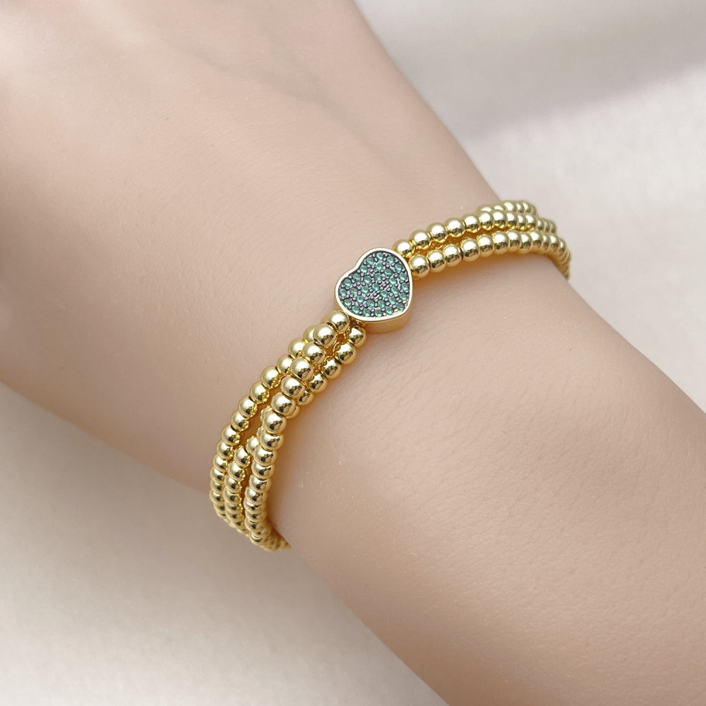Oro Laminado Adjustable Bolo Bracelet, Gold Filled Style Heart and Ball Design, with Green Micro Pave, Polished, Two Tone