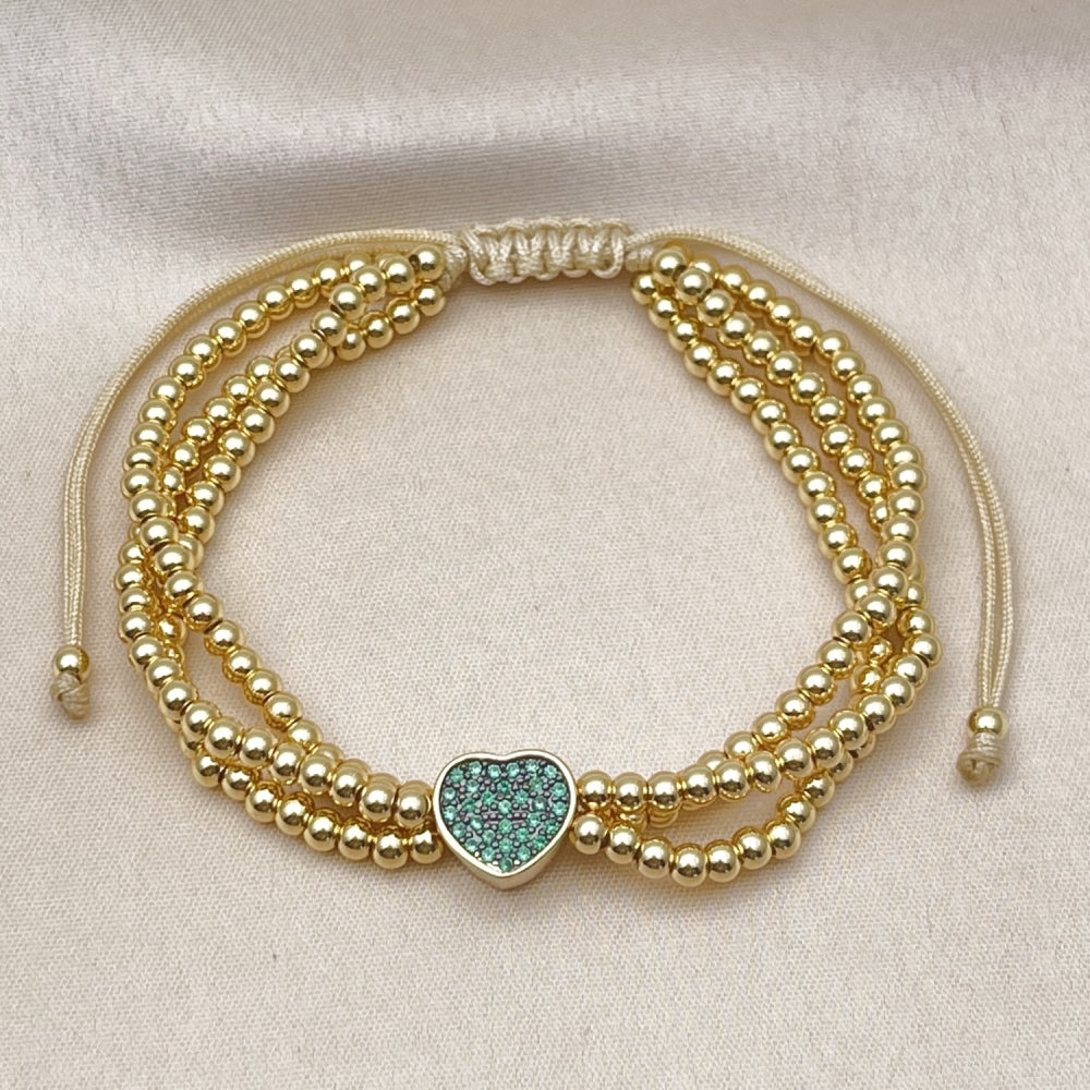 Oro Laminado Adjustable Bolo Bracelet, Gold Filled Style Heart and Ball Design, with Green Micro Pave, Polished, Two Tone