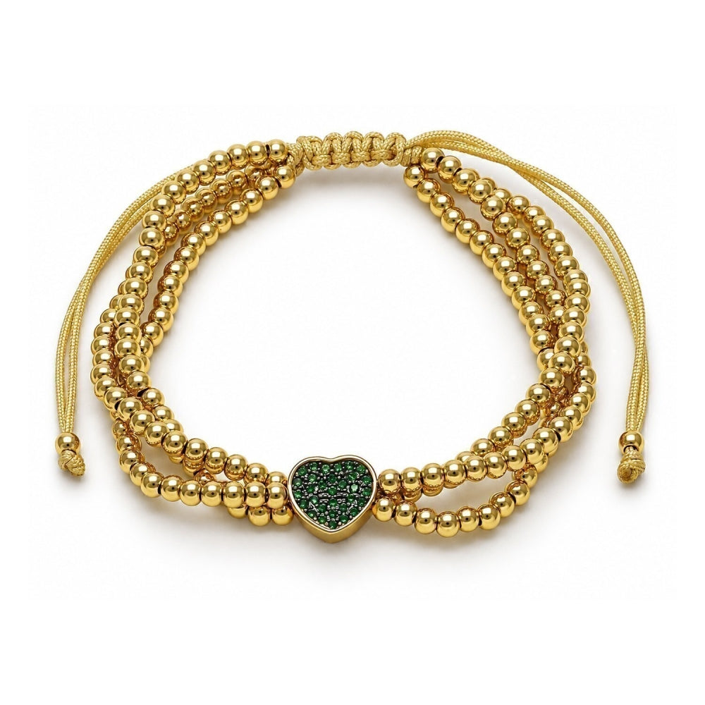 Oro Laminado Adjustable Bolo Bracelet, Gold Filled Style Heart and Ball Design, with Green Micro Pave, Polished, Two Tone