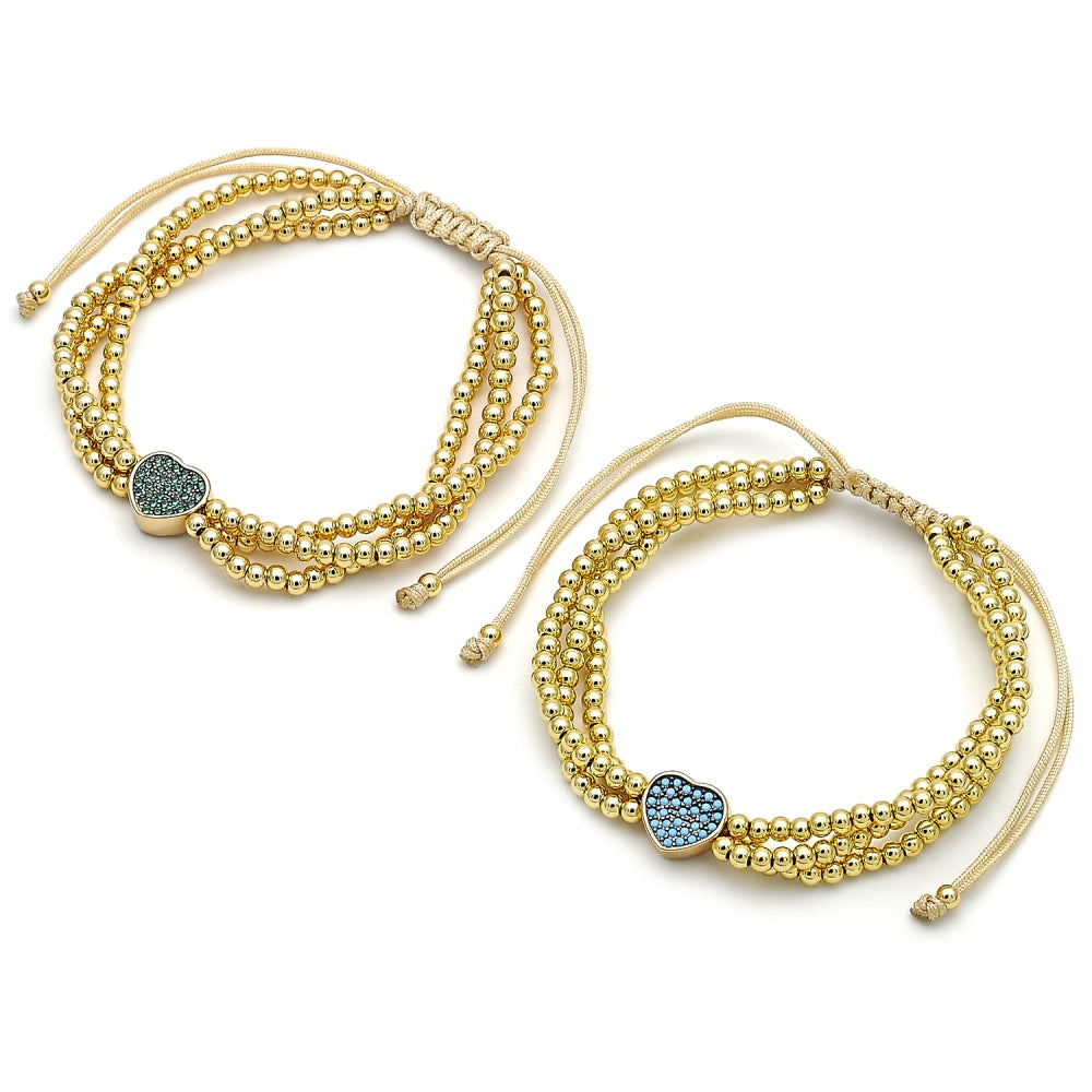 Oro Laminado Adjustable Bolo Bracelet, Gold Filled Style Heart and Ball Design, with Green Micro Pave, Polished, Two Tone