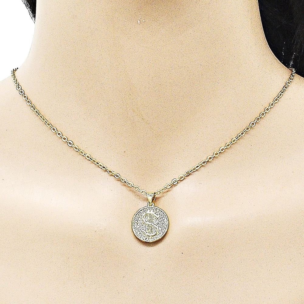 Oro Laminado Fancy Pendant, Gold Filled Style Money Sign Design, with White Micro Pave, Polished, Golden Finish