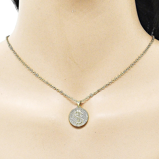 Oro Laminado Fancy Pendant, Gold Filled Style Money Sign Design, with White Micro Pave, Polished, Golden Finish