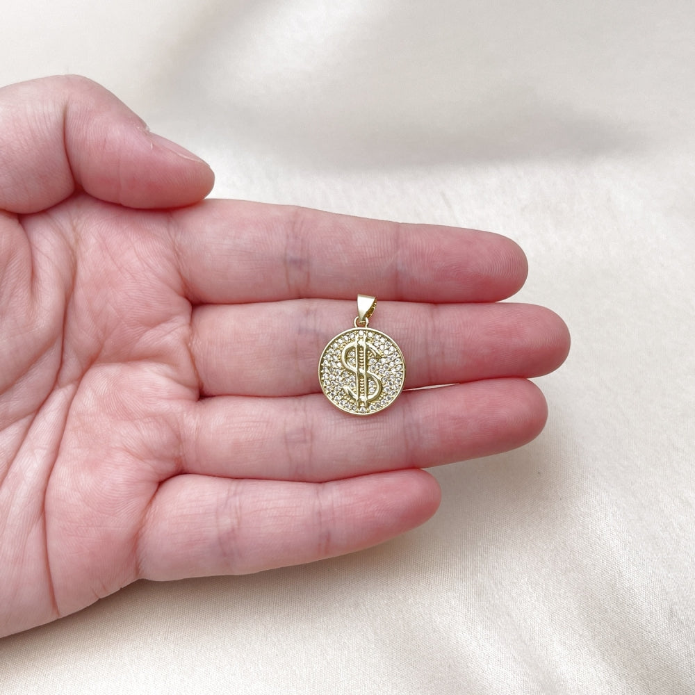 Oro Laminado Fancy Pendant, Gold Filled Style Money Sign Design, with White Micro Pave, Polished, Golden Finish