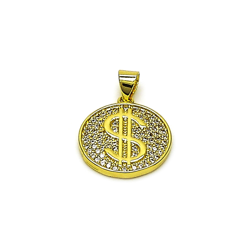 Oro Laminado Fancy Pendant, Gold Filled Style Money Sign Design, with White Micro Pave, Polished, Golden Finish