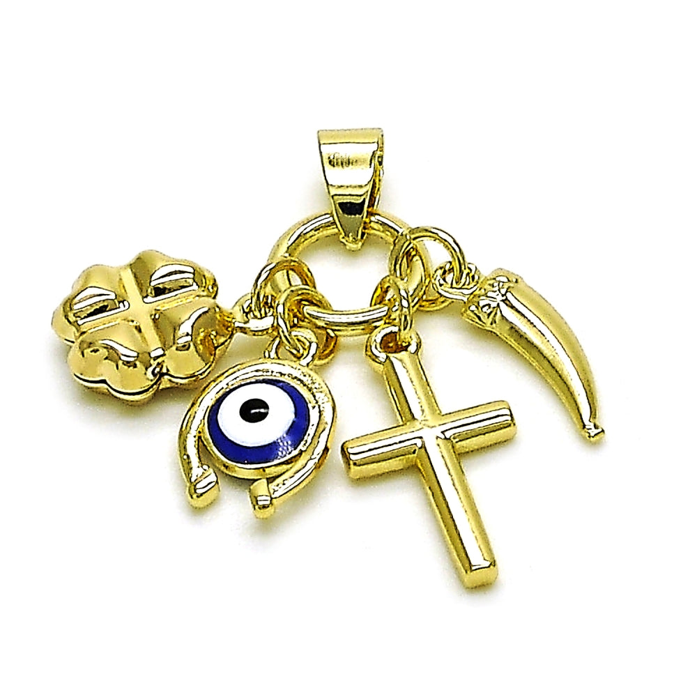 Oro Laminado Fancy Pendant, Gold Filled Style Cross and Four-leaf Clover Design, Blue Enamel Finish, Golden Finish