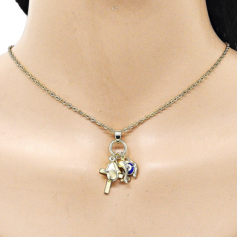 Oro Laminado Fancy Pendant, Gold Filled Style Cross and Dolphin Design, Blue Enamel Finish, Golden Finish