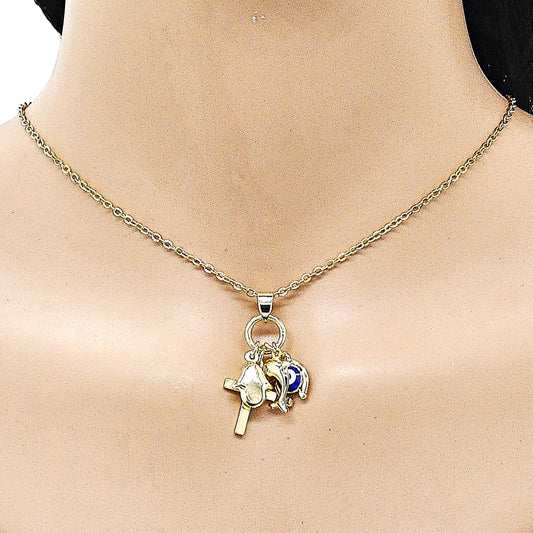 Oro Laminado Fancy Pendant, Gold Filled Style Cross and Dolphin Design, Blue Enamel Finish, Golden Finish