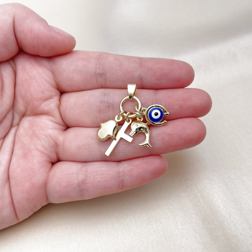 Oro Laminado Fancy Pendant, Gold Filled Style Cross and Dolphin Design, Blue Enamel Finish, Golden Finish