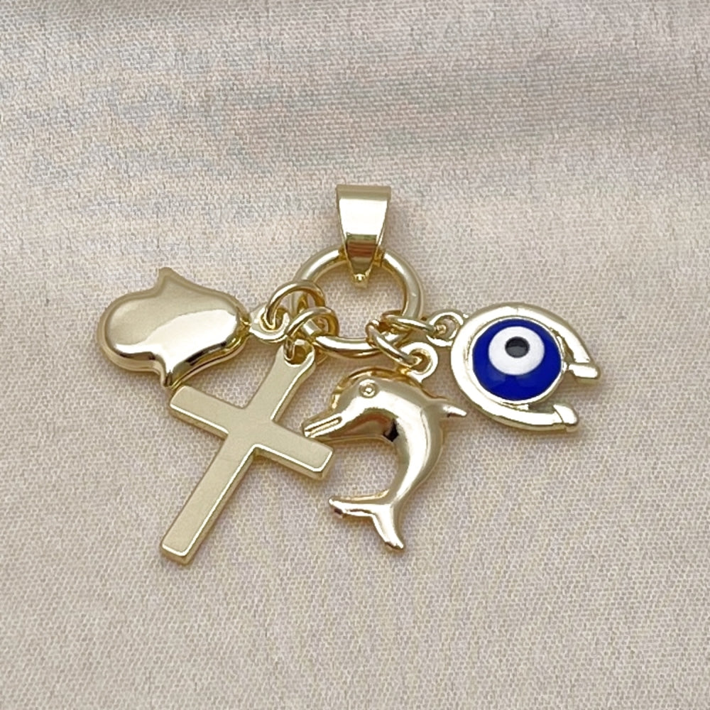 Oro Laminado Fancy Pendant, Gold Filled Style Cross and Dolphin Design, Blue Enamel Finish, Golden Finish