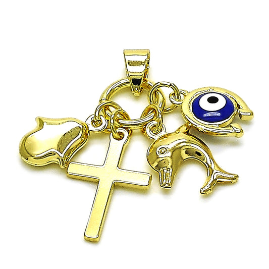 Oro Laminado Fancy Pendant, Gold Filled Style Cross and Dolphin Design, Blue Enamel Finish, Golden Finish