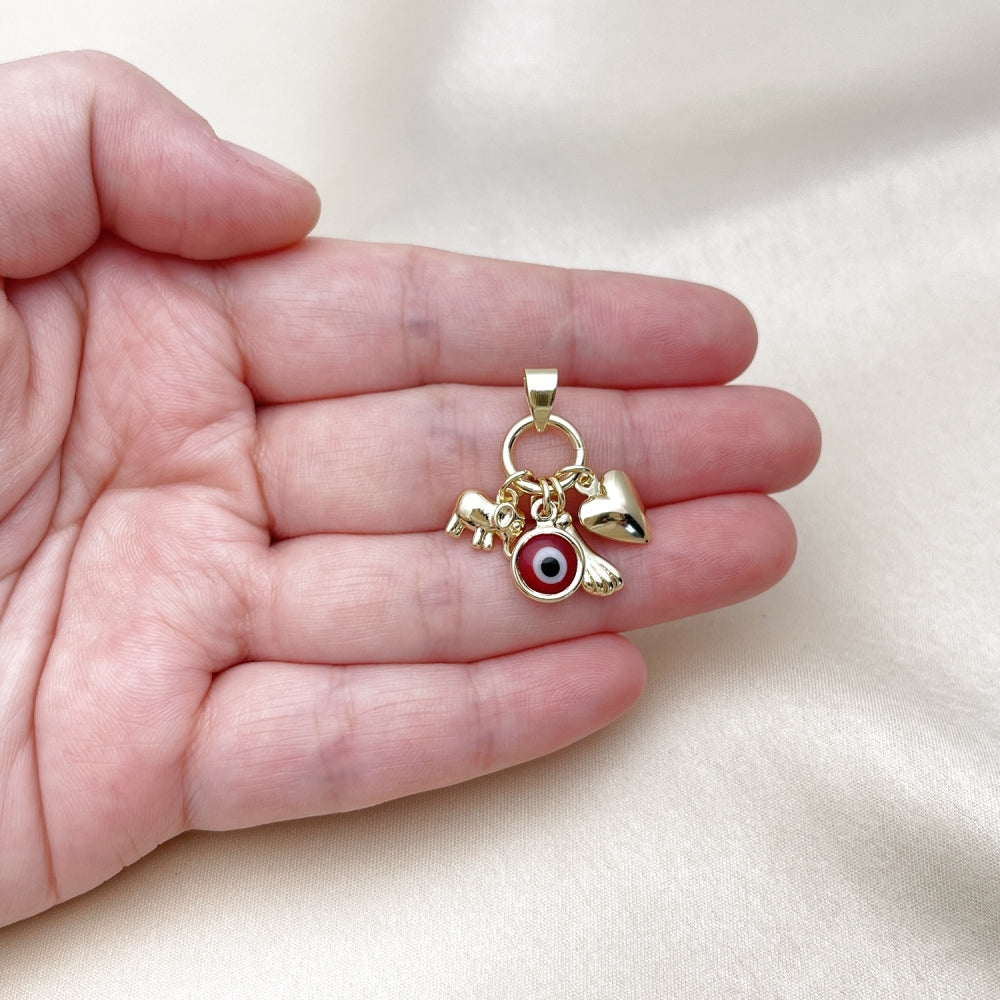 Oro Laminado Fancy Pendant, Gold Filled Style Heart and Hand Design, with Garnet Crystal, Polished, Golden Finish