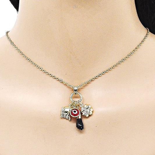 Oro Laminado Fancy Pendant, Gold Filled Style Hand and Four-leaf Clover Design, with Garnet and Black Crystal, Polished, Golden Finish