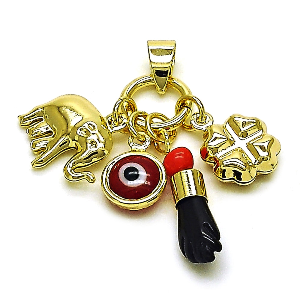 Oro Laminado Fancy Pendant, Gold Filled Style Hand and Four-leaf Clover Design, with Garnet and Black Crystal, Polished, Golden Finish