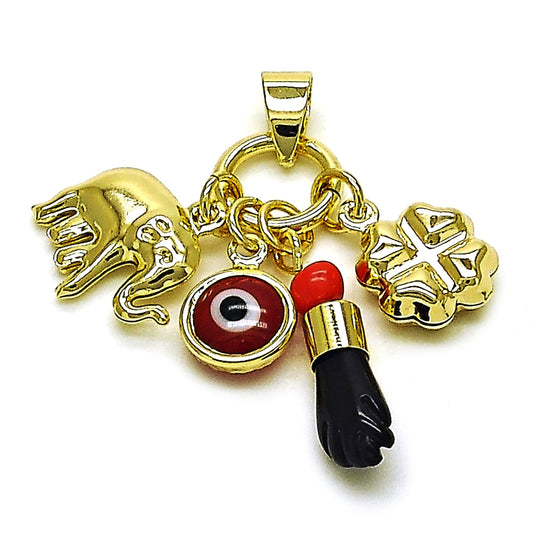Oro Laminado Fancy Pendant, Gold Filled Style Hand and Four-leaf Clover Design, with Garnet and Black Crystal, Polished, Golden Finish