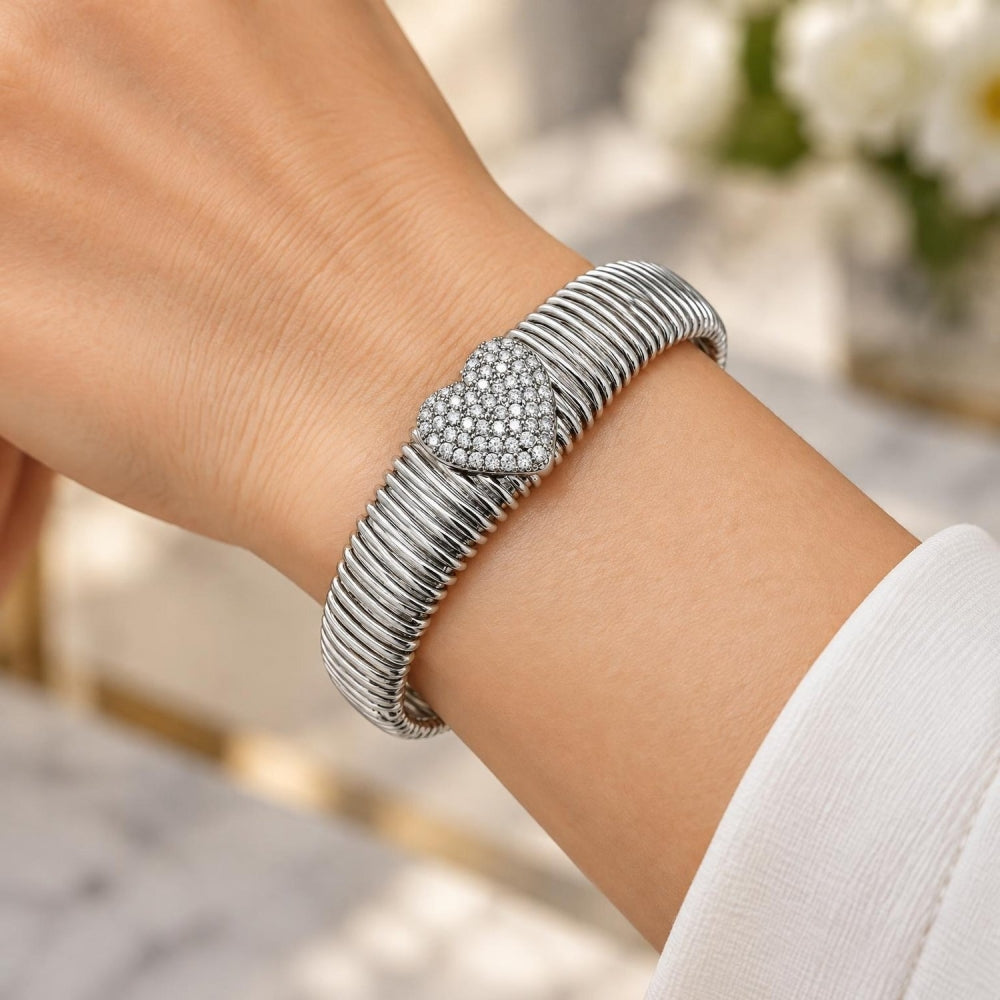 White Gold Filled Individual Bangle, Heart Design, with White Cubic Zirconia, Polished, Rhodium Finish
