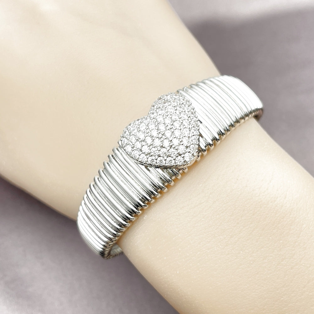 White Gold Filled Individual Bangle, Heart Design, with White Cubic Zirconia, Polished, Rhodium Finish