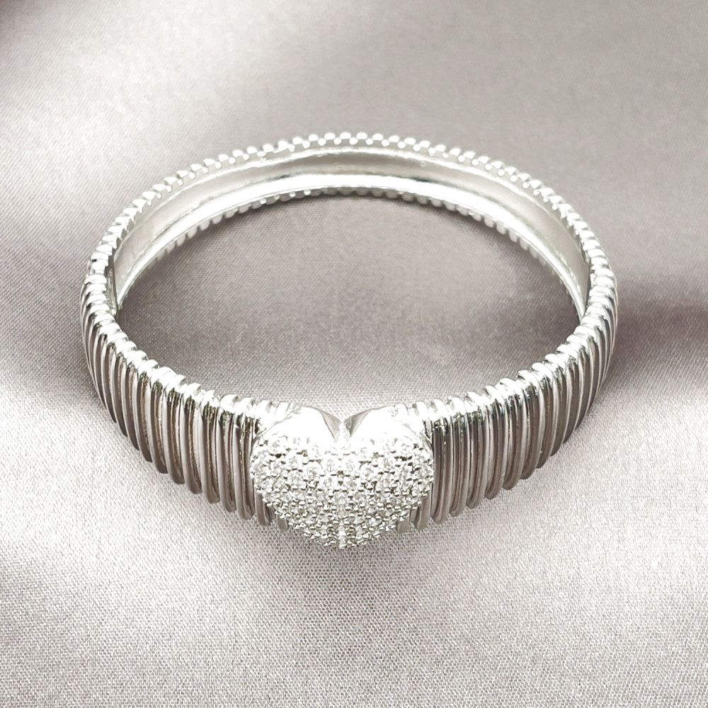 White Gold Filled Individual Bangle, Heart Design, with White Cubic Zirconia, Polished, Rhodium Finish