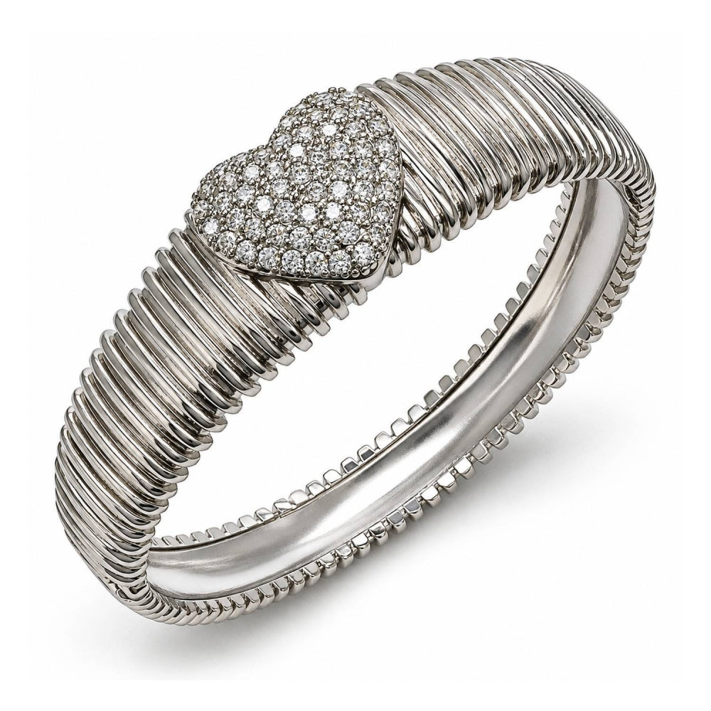 White Gold Filled Individual Bangle, Heart Design, with White Cubic Zirconia, Polished, Rhodium Finish