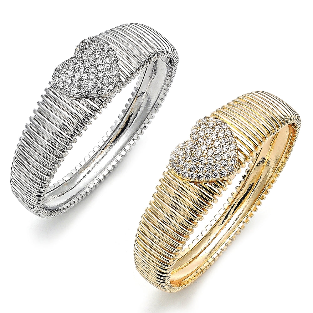 White Gold Filled Individual Bangle, Heart Design, with White Cubic Zirconia, Polished, Rhodium Finish