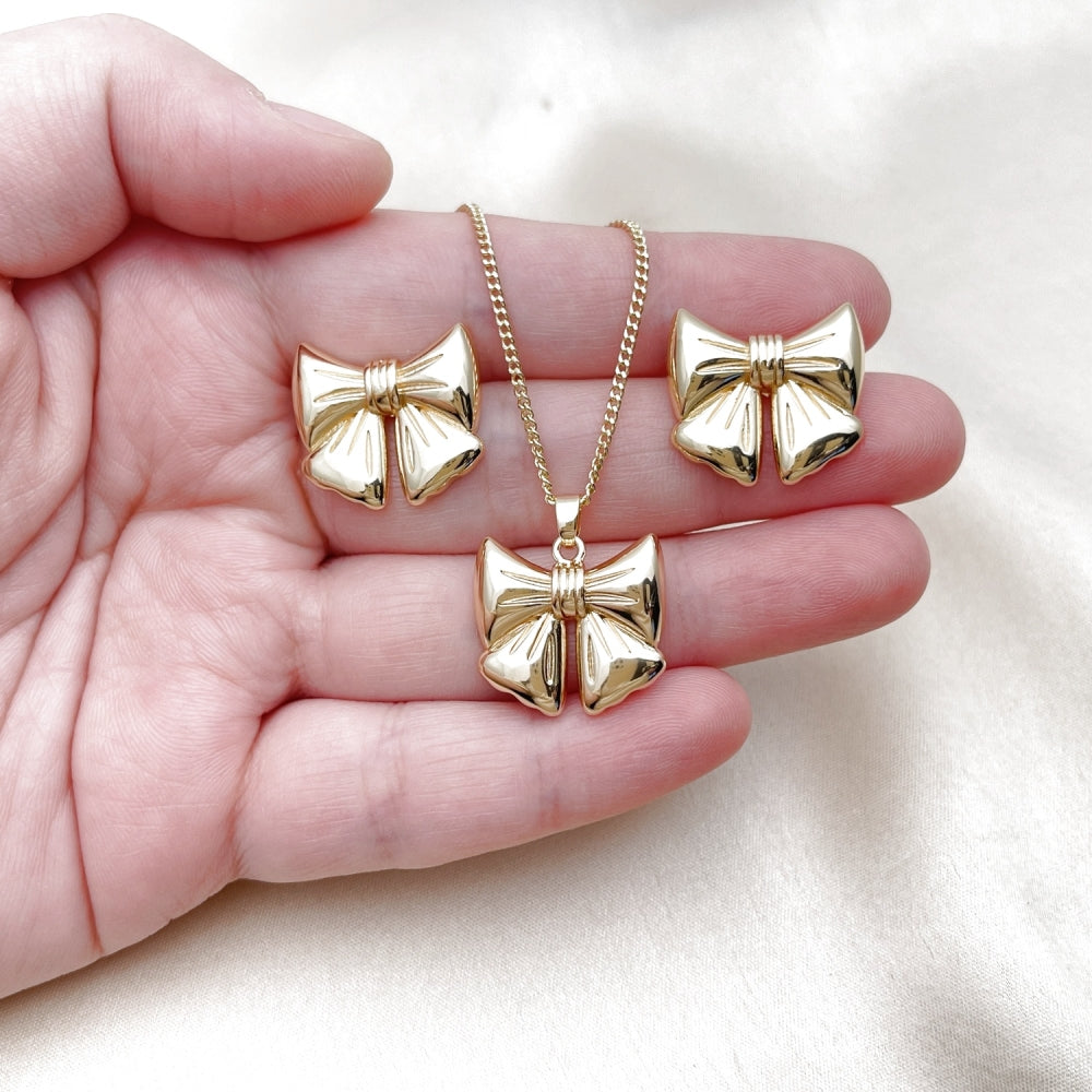 Oro Laminado Earring and Pendant Adult Set, Gold Filled Style Bow Design, Polished, Golden Finish