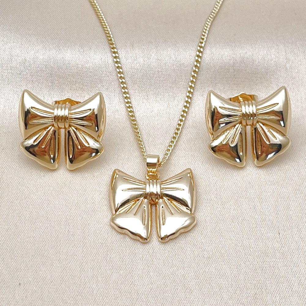 Oro Laminado Earring and Pendant Adult Set, Gold Filled Style Bow Design, Polished, Golden Finish