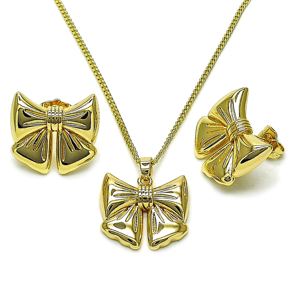 Oro Laminado Earring and Pendant Adult Set, Gold Filled Style Bow Design, Polished, Golden Finish
