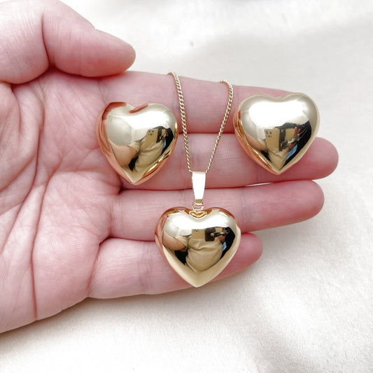 Oro Laminado Earring and Pendant Adult Set, Gold Filled Style Heart and Hollow Design, Polished, Golden Finish