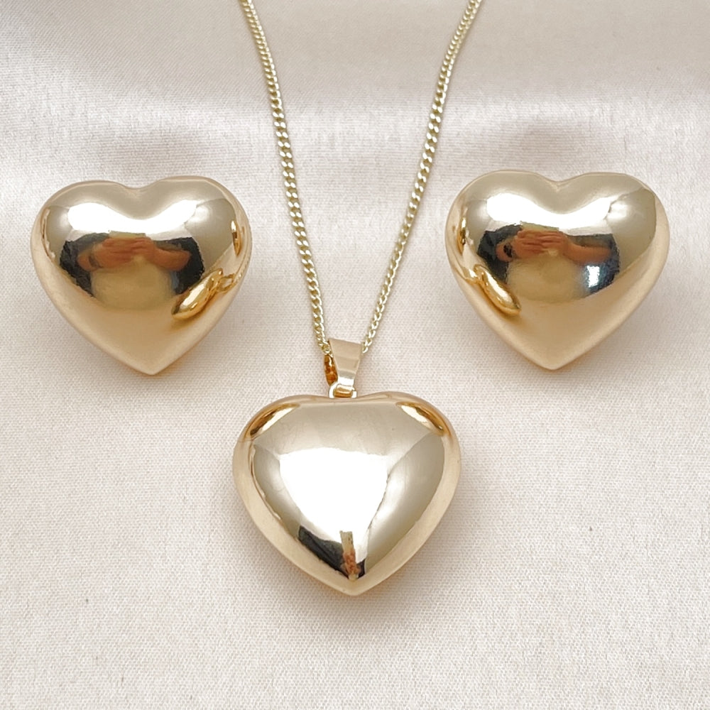 Oro Laminado Earring and Pendant Adult Set, Gold Filled Style Heart and Hollow Design, Polished, Golden Finish