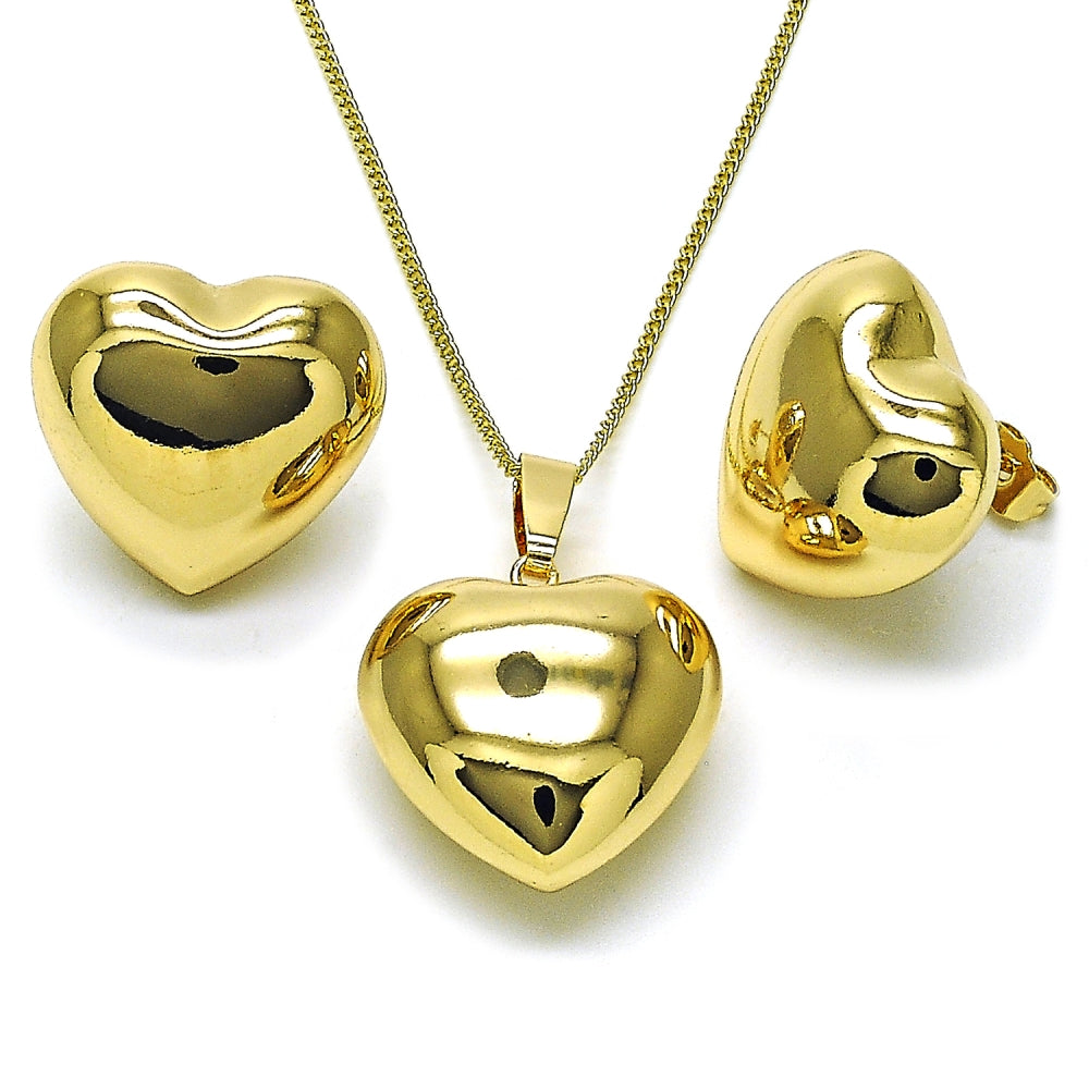 Oro Laminado Earring and Pendant Adult Set, Gold Filled Style Heart and Hollow Design, Polished, Golden Finish