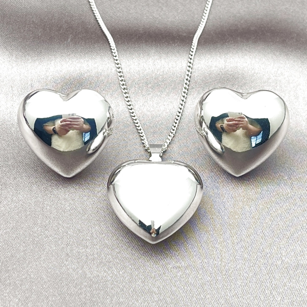 Rhodium Gold Filled Earring and Pendant Adult Set, Heart and Hollow Design, Polished, Rhodium Finish