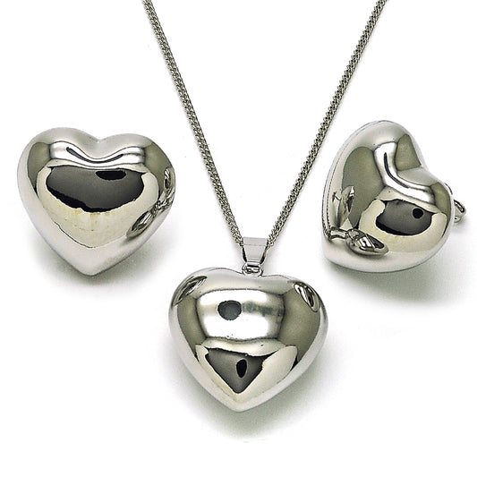 Rhodium Gold Filled Earring and Pendant Adult Set, Heart and Hollow Design, Polished, Rhodium Finish