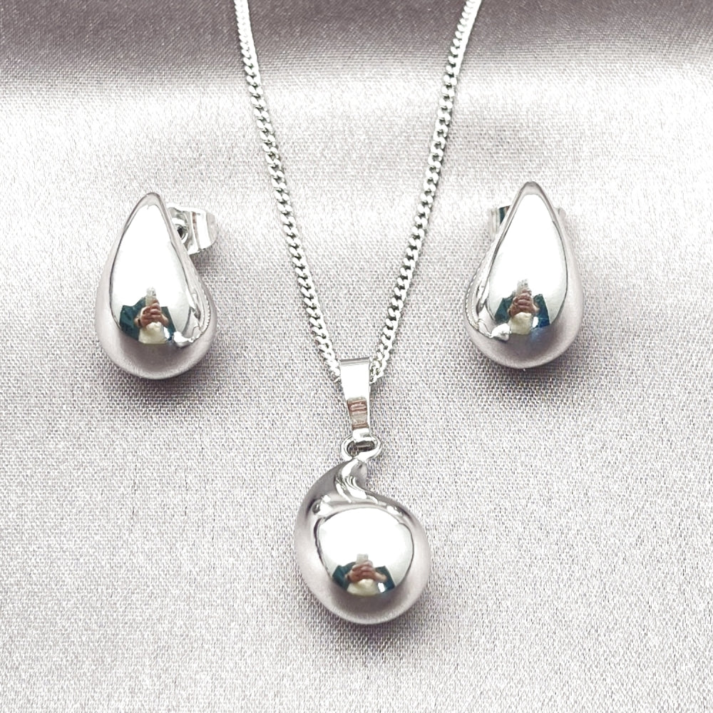 Rhodium Gold Filled Earring and Pendant Adult Set, Teardrop and Hollow Design, Polished, Rhodium Finish