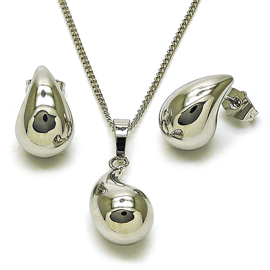 Rhodium Gold Filled Earring and Pendant Adult Set, Teardrop and Hollow Design, Polished, Rhodium Finish